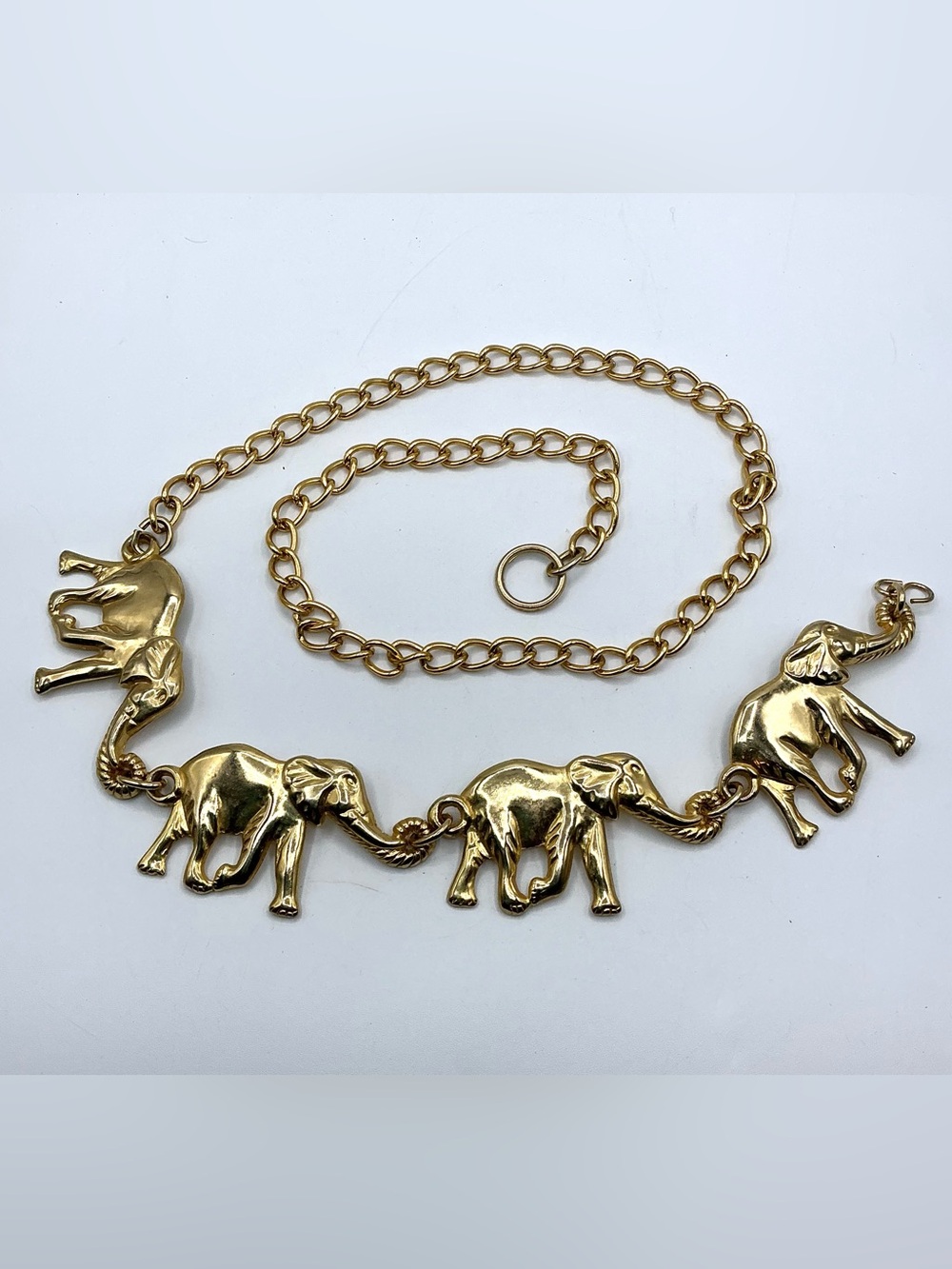 Vintage Gold Tone Metal Elephant Chain Link Adjustable Belt Fits up to 44”